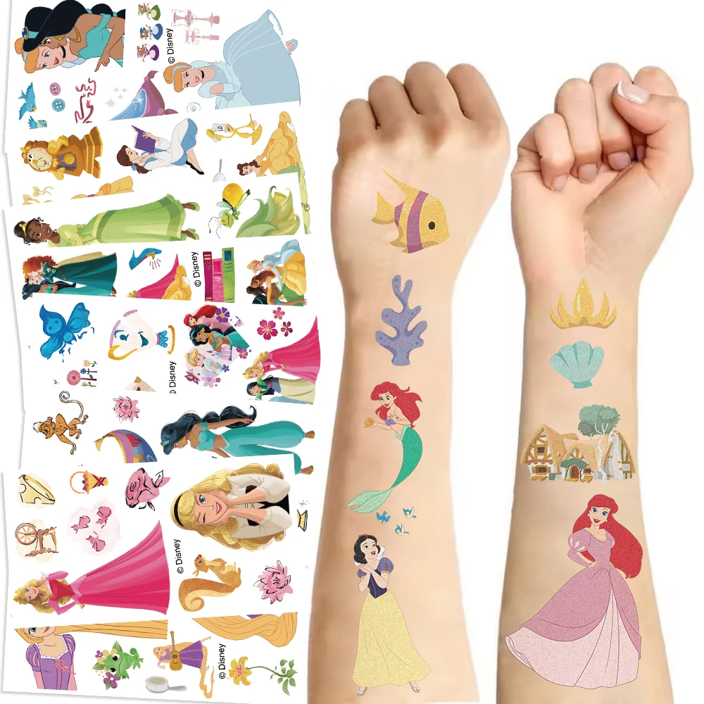 Disney-Misturado Princesa Sereia Tatuagem Adesivos, Adesivo Impermeável dos Desenhos Animados, Sofia Figura, Presente de Aniversário Kids, Meninas, 10 Folhas