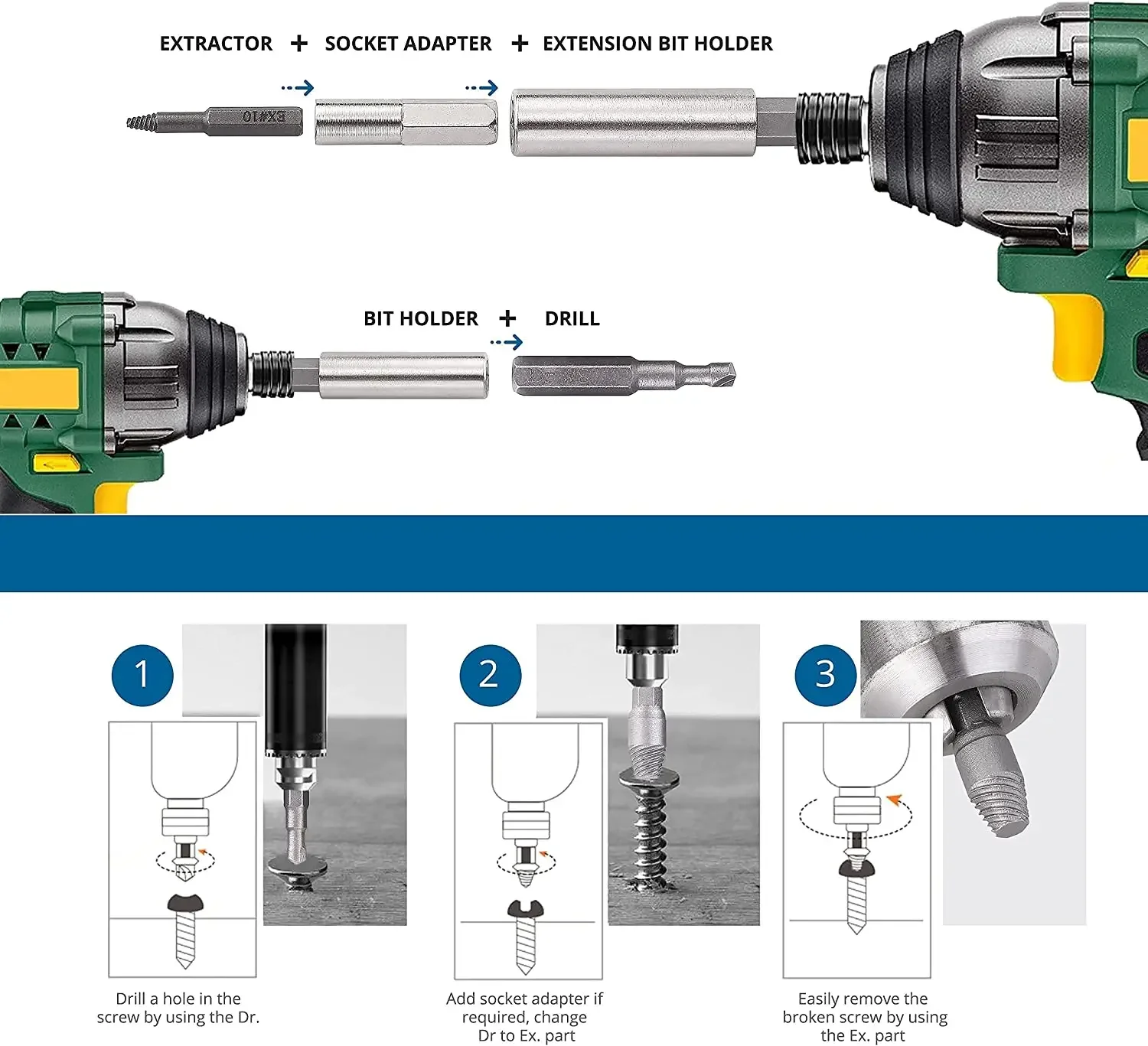 Damaged Stripped Screw Extractor Remover Kit Disassemble Broken Bolt Set with Magnetic Extension Bit Holder and Socket Adapter