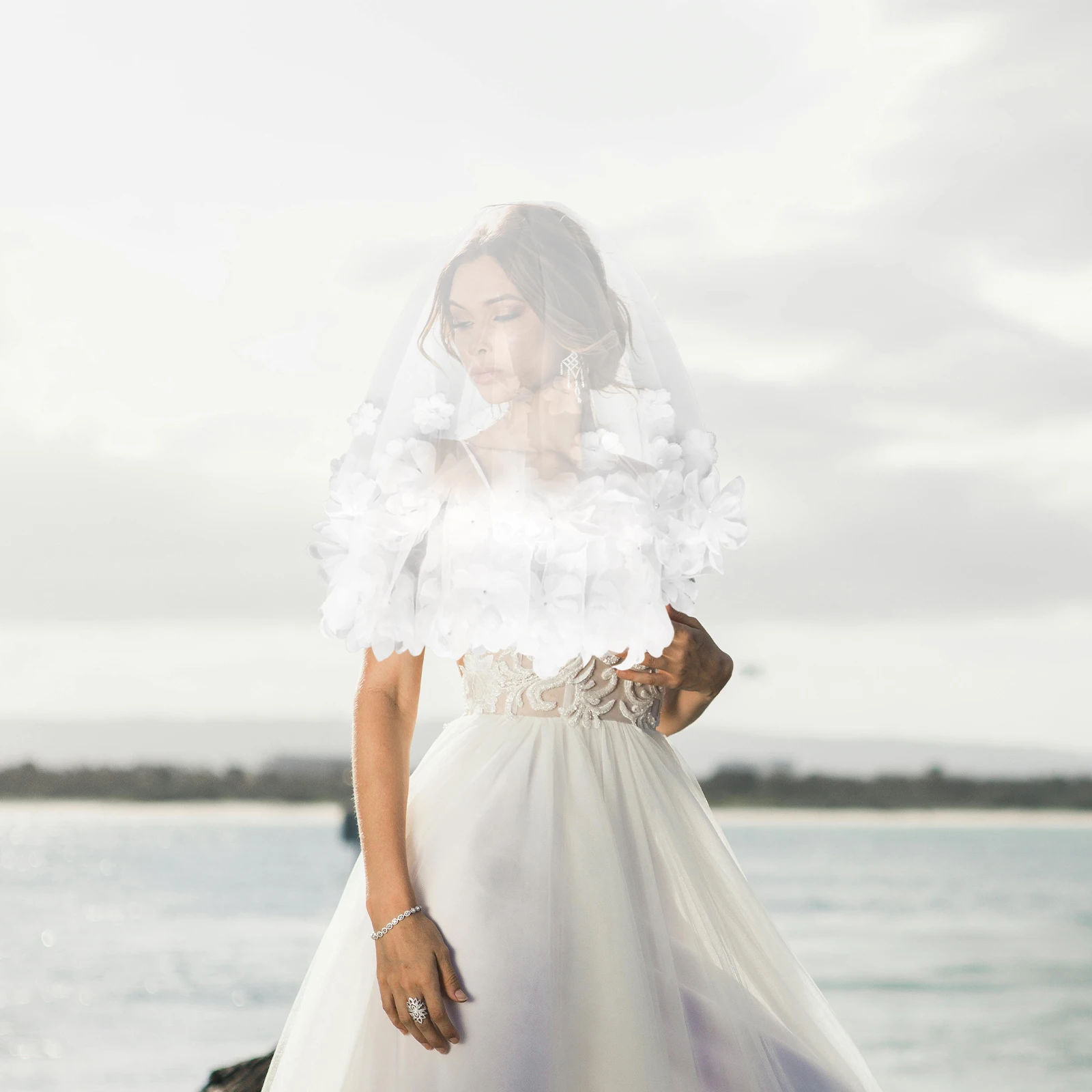 

Elegant White Bridal Veil Floral Embroidery Wedding Hair Accessory Brides Enhancing Bridal Look Short Shoulder Length Mesh