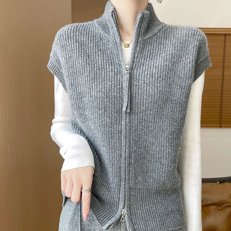 Autumn Winter New 100% Wool Vest Women\'s Half High Neck Knitted Zipper Cardigan Casual Sleeveless Camisole Fashion Korean Tops