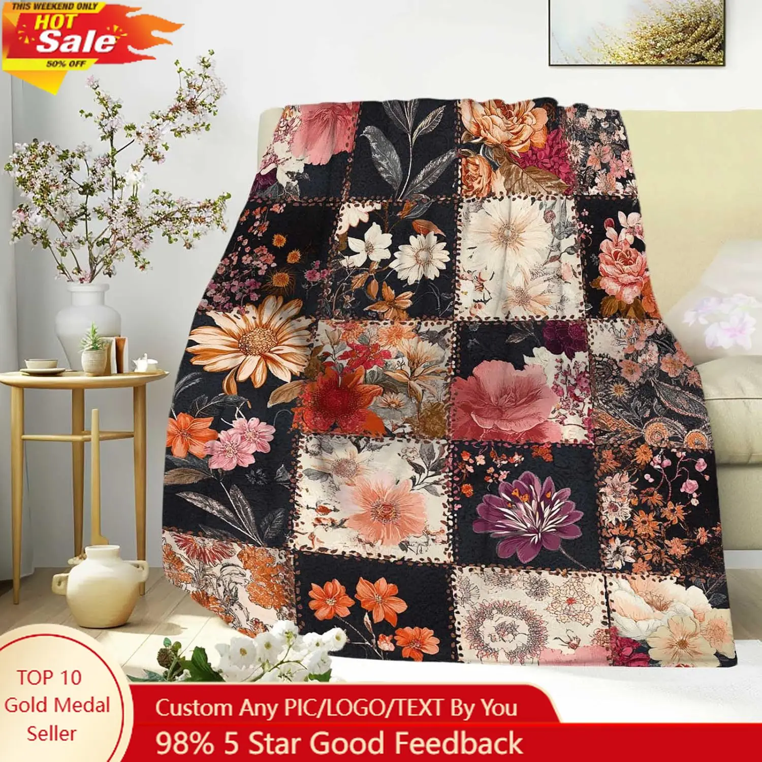 

Floral Print Patchwork Throw Bohemian Botanical Quilt Style Soft Warm Fleece for Bed Couch Farmhouse Decor Custom blankets