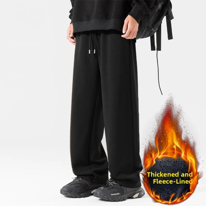

New Men's Autumn Winter Thiened Fce Lined Sports Casual Pants Straight Leg Trousers Simple Faion Large Size Sweatpants