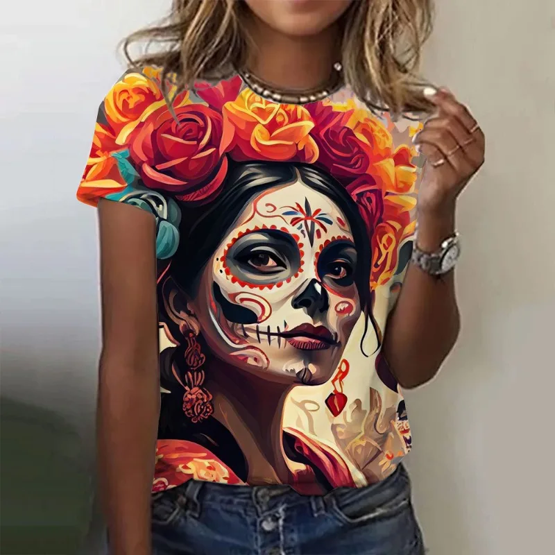 Mexican Day of the Dead Women's T Shirt 3D Print Rose Catrina Goddess O-Neck Short Sleeve Tees Streetwear Y2k Clothing For Girls