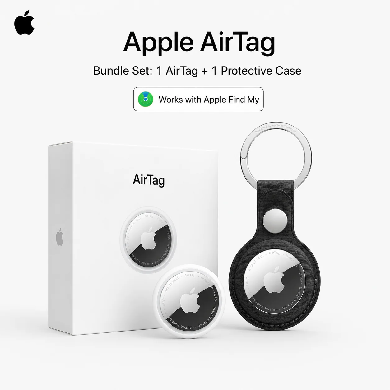 Original Apple AirTag Item Tracker with Black FineWoven Key Ring Protective Case Works with Find My for iPhone Authorized Retail