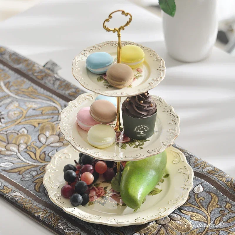 European Embossed Cake Plate Ivory porcelain Three-layer Skewer Plate Bracket Metal Home Fruit Snack Platter Party Dessert