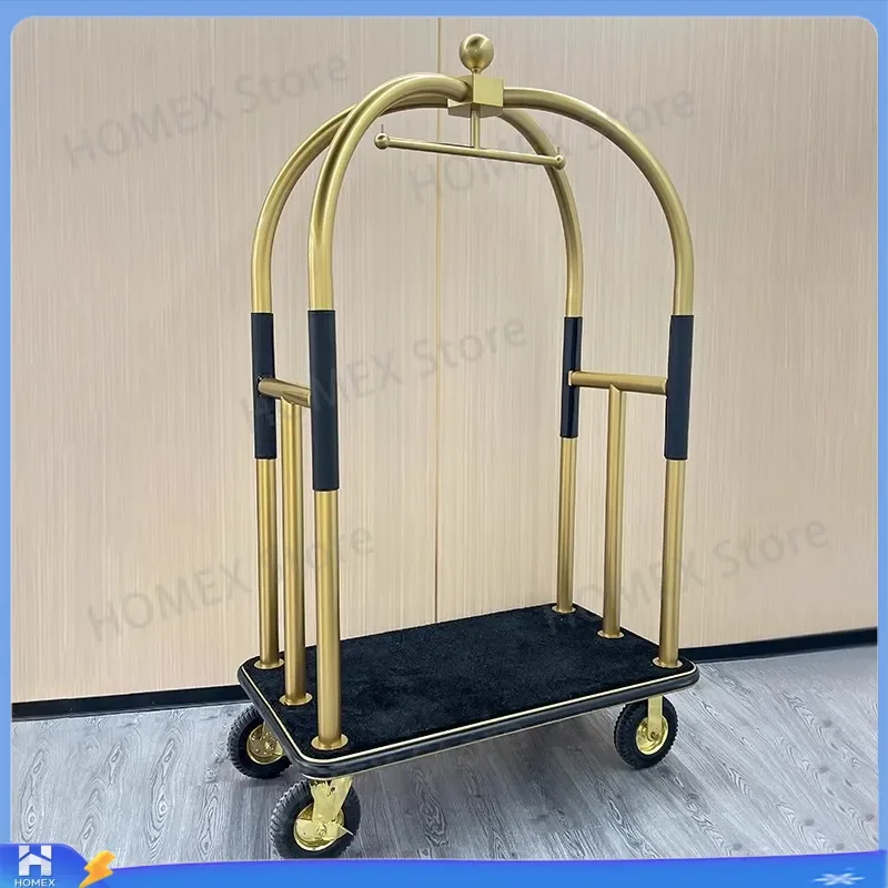 Luxury Hotel Luggage Cart Stainless Steel Bellboy Trolley 5 Star Lobby Concierge Hand Push Baggage Rack Wedding Dress Trailer