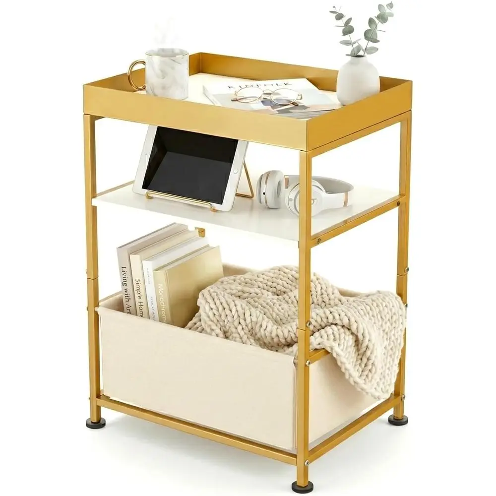 

Узкий золотистый приставной столик с местом для хранения, компактный белый прикроватный столик с тканевым контейнером и подносом, 3-уровневая прикроватная тумбочка для спален, N