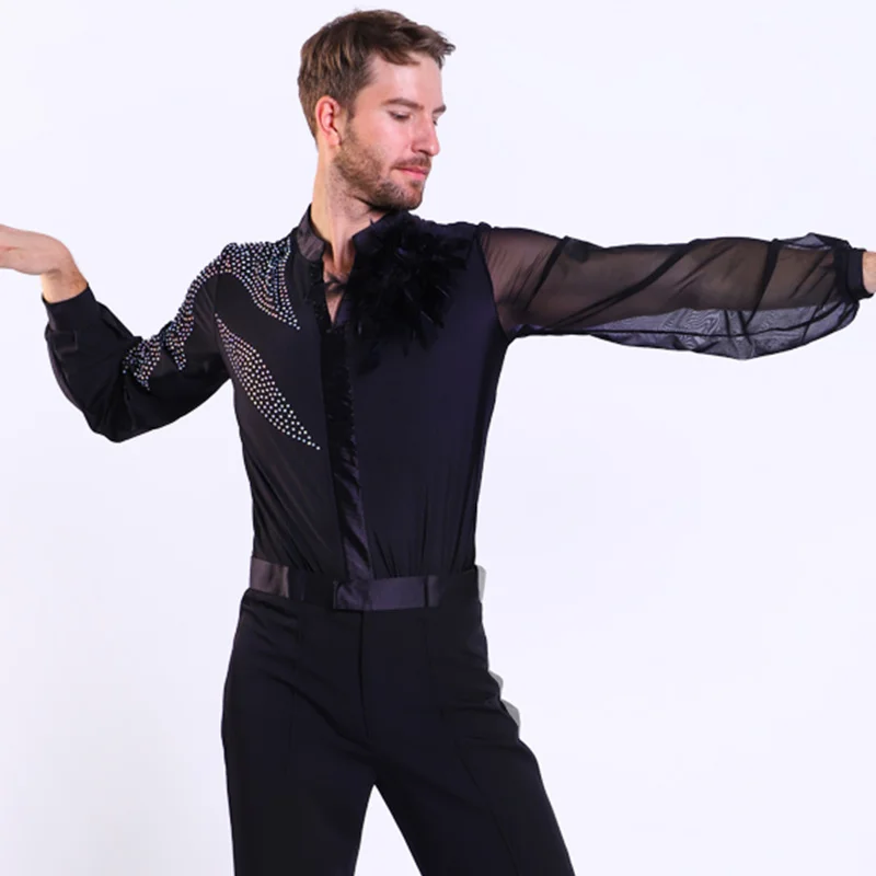 Latin Dance Shirts Men Rhinestone Net Yarn Long Sleeve Competition Men\'s Dance Top Rumba Samba Dancewear Mens