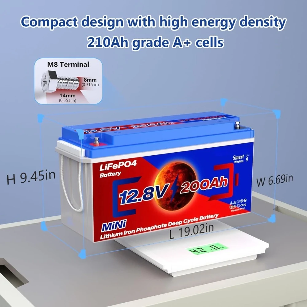블루투스 기능이 있는 12V 200Ah Lifepo4 배터리, 내장형 200A 스마트 BMS, 4500~15000 딥 사이클 등급 A 셀 리튬 배터리