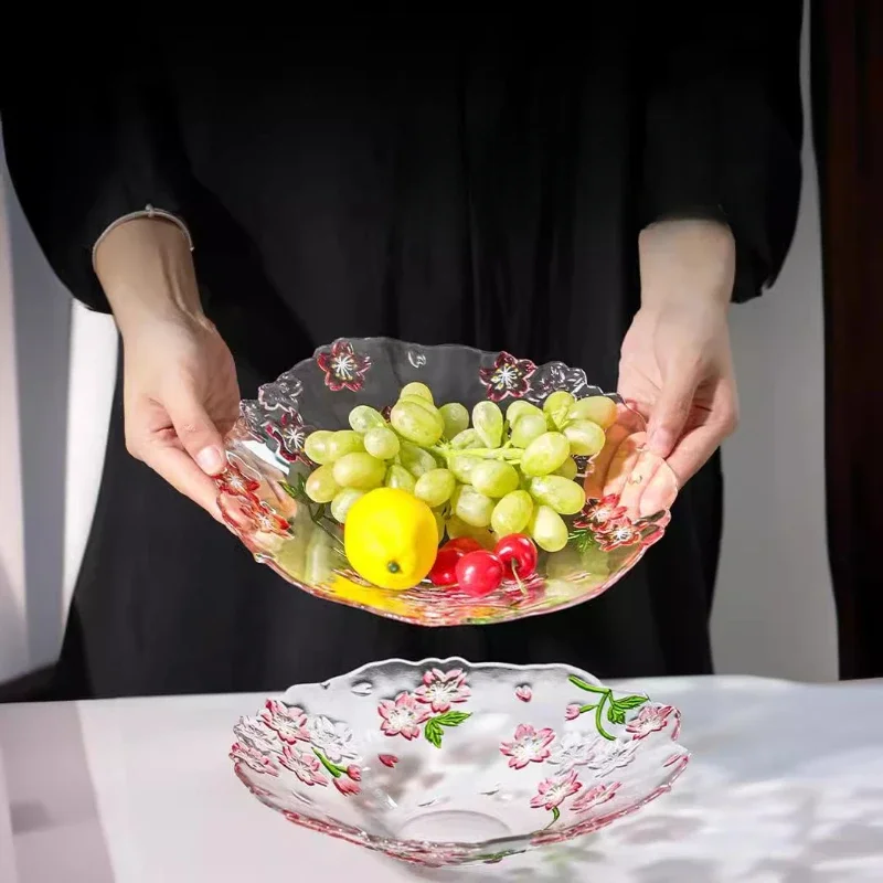 Japanese Hand-painted Cherry Blossom Glass Dessert Plate with High Aesthetic Value, Kitchen Accessories, Fruit Snack Plate