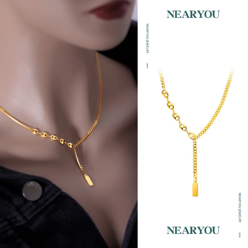 Luxury 100% Real 24K Gold Small Gold Bar Necklace, Niche High-End Simple Golden Lucky Charm Pendant For Women