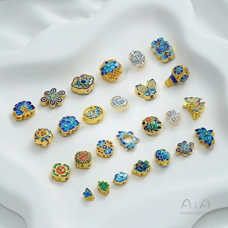 Copper Gold-plated Color Butterfly Auspicious Cloud Lotus Chinese Knot Back Cloud Fu Character Cloisonne Bead DIY Accessories view 3