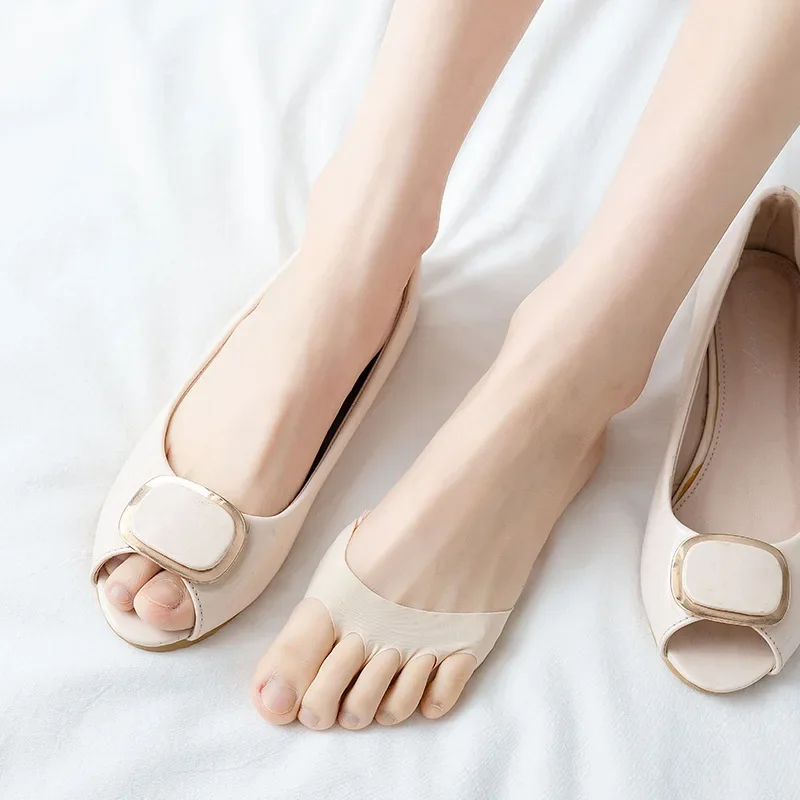 Almohadillas para antepié de cinco dedos para mujer, medias plantillas de tacón alto, seda de hielo transpirable fina, Invisible, calcetines sin espectáculo, Verano