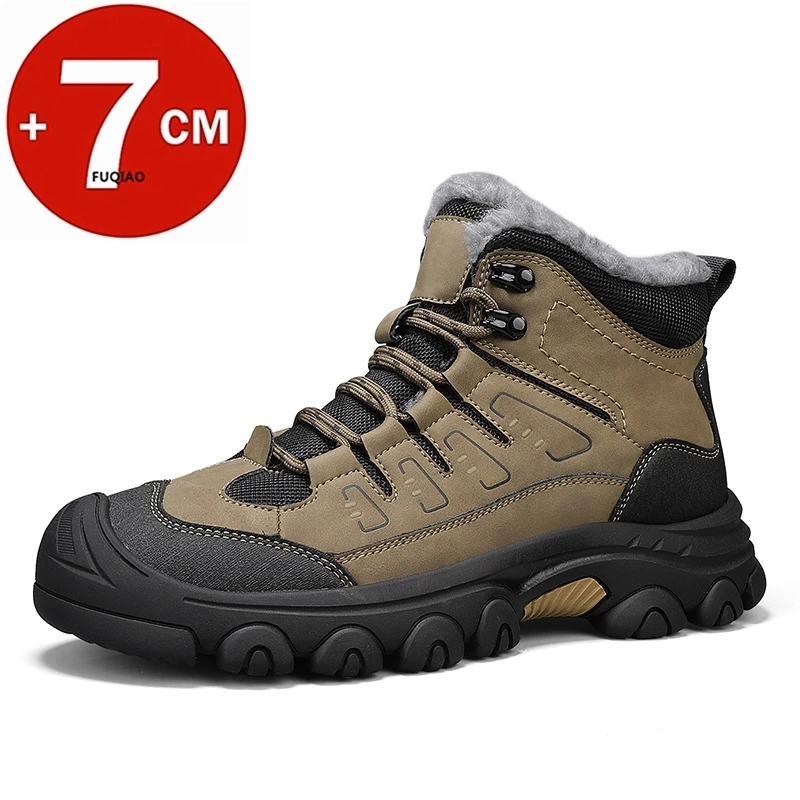 

Men 7CM Height Increase Cowhide Boots Winter Outdoor Thermal Warm Ankle Snow Shoes Non-Slip Elevator Hiking Boots Trekking Shoes