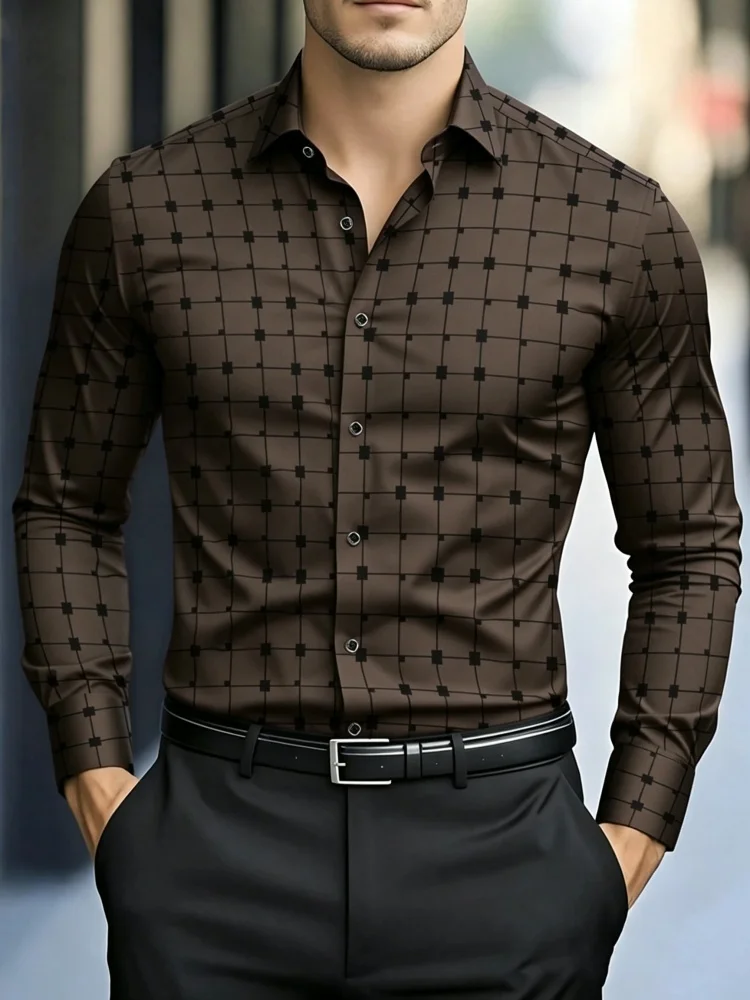 Men's checkered long sleeved shirt with collar and grid print shirt, European and American business commuting men's top