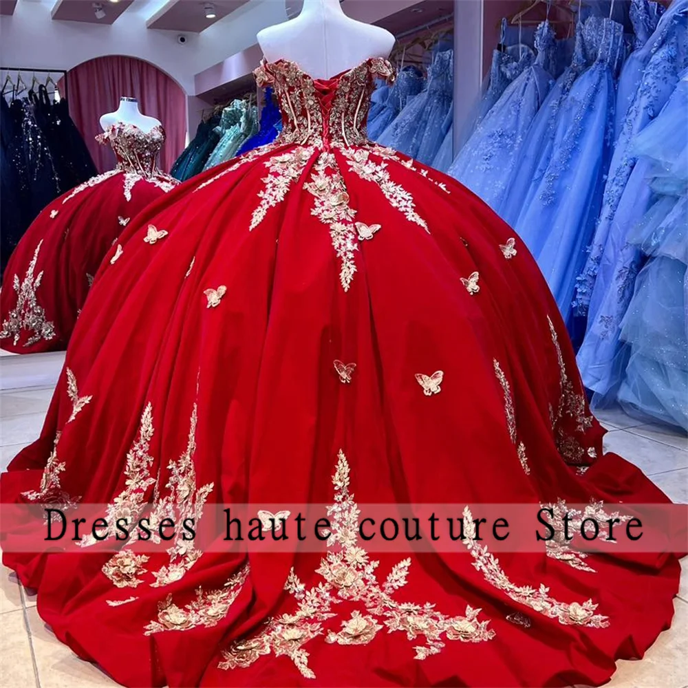 Vestido De baile rojo elegante para quinceañera, vestido De terciopelo con capa, hombros descubiertos, Apliques De encaje, cuentas, dulce 16, 15