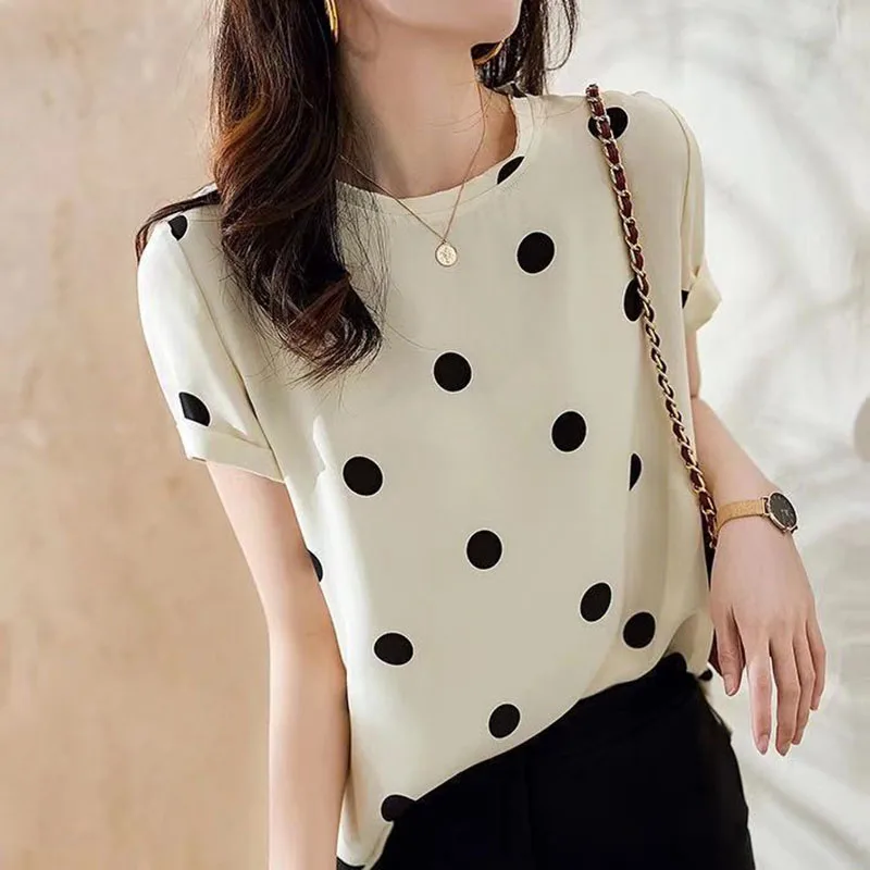 Fashion O-Neck Short Sleeve Printed Polka Dot Blouse Women's Clothing 2023 Summer New Oversized Casual Pullovers Korean Shirt