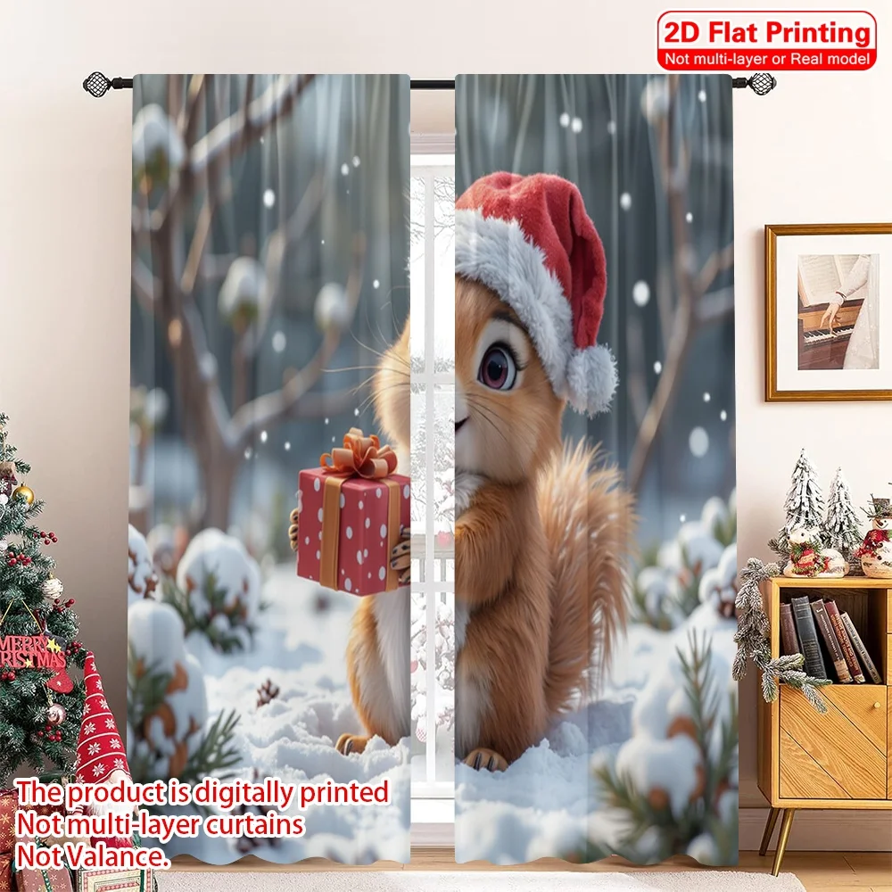

2pcs 2D flat printing Merry Christmas Popular Drapes Cute Squirrel Christmas Gift Fabric Without Electricity Festive Wall Decor