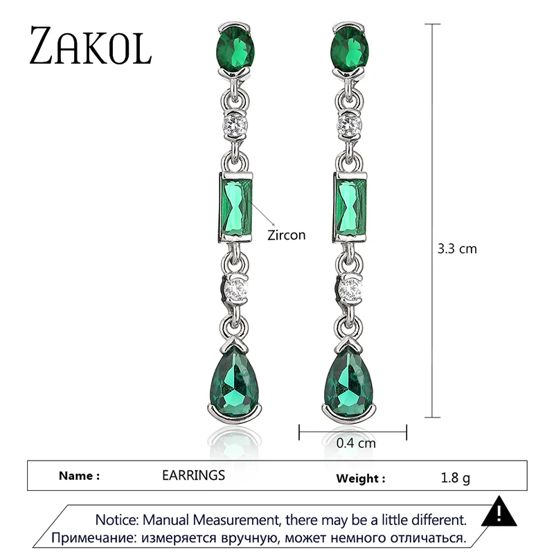 ZAKOL Fashion Green Water Drop Long Dangle Earring for Women Pink Cubic Zirconia Bridal Earrings Wedding Party Jewelry