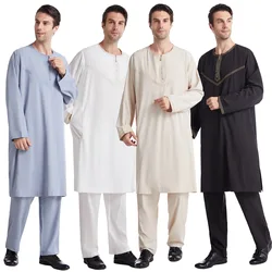 Mężczyźni Jubba Thobe Muslim Two Pieces Set For Male Pakistan Dubai Saudi Abaya Prayer Islamic Clothing Worship Suit Arabic Ramadan