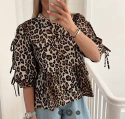 Tangada 2024 Women Summer Leopard Shirt Bow Puff Short Sleeve Female Blouse Tops CE085