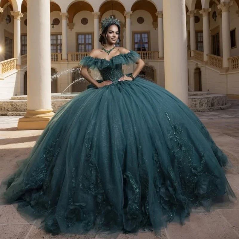 Dark Green Quinceanera Dress off-shoulder Crystal Glitter 3D Flower Decal Long tail Bow Vestidos De 15 Quinceanera ﻿Customize