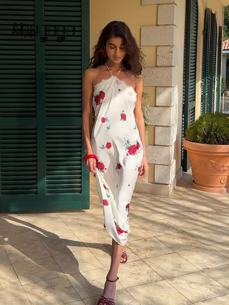 

Ahagaga Backless Floral Print Halter Neck Dress Backless Sexy Elegant Slim Maxi Casual Vacation Party Women Summer Vestidos Robe