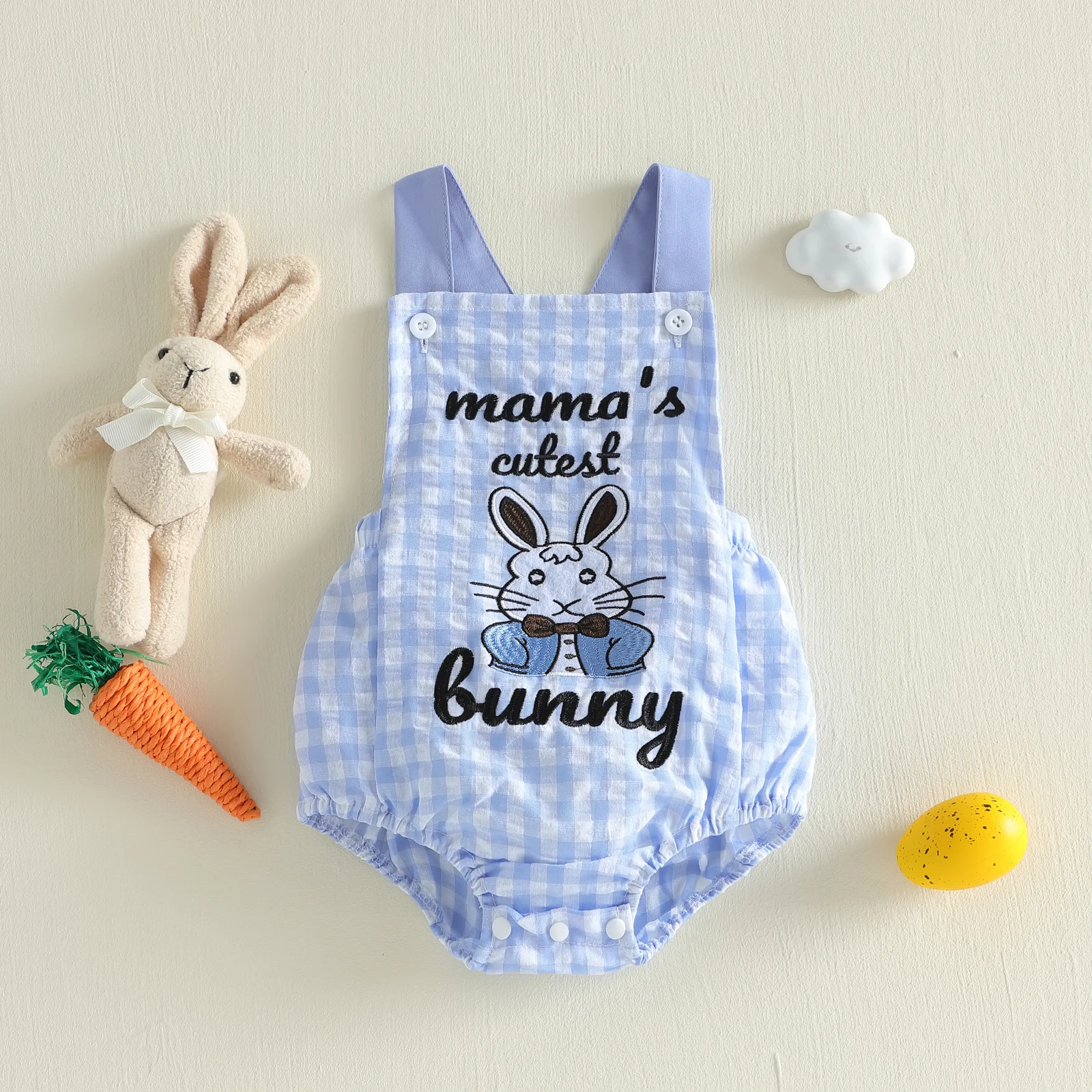Baby Easter Romper Bunny Chick Embroidered Plaid Sleeveless Newborn Jumpsuit Infant Overalls