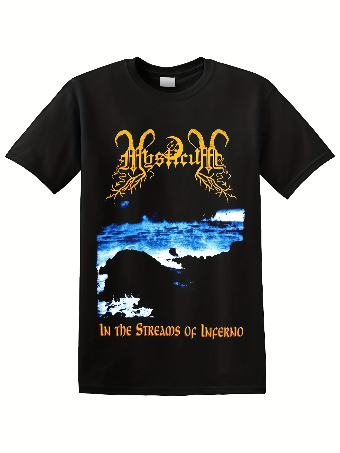 Men'S Casual Black T-Shirt Featuring The Album Art Design of 'Myrkvulft in The Streams of Inferno Perfect for Fans Black Metal