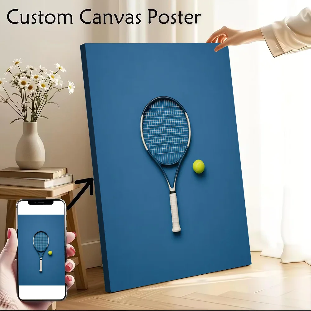 Tennis Racket and Ball on Blue - Minimalist Tennis Canvas Poster Wall Art Customizable High Quality Printed Picture for Painting
