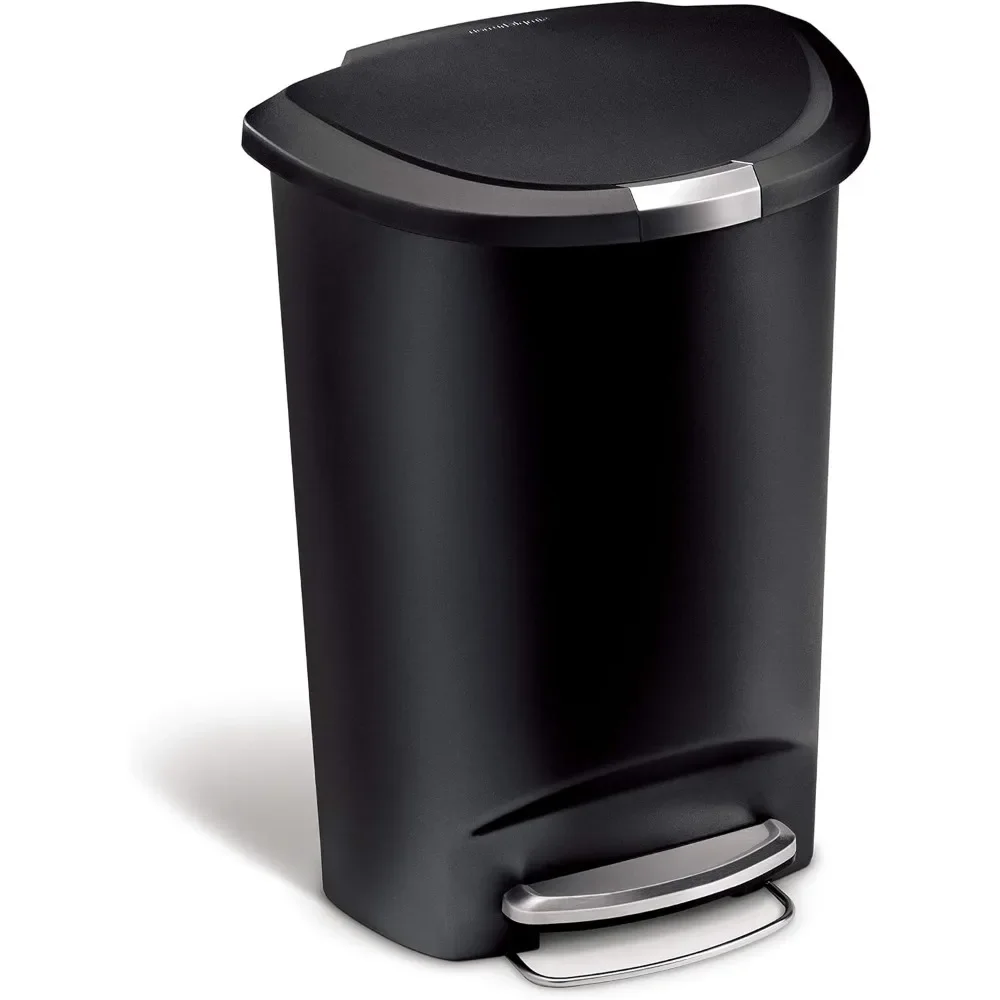 

50 Liter / 13 Gallon Semi-Round Kitchen Step Trash Can with Secure Slide Lock, Black Plastic