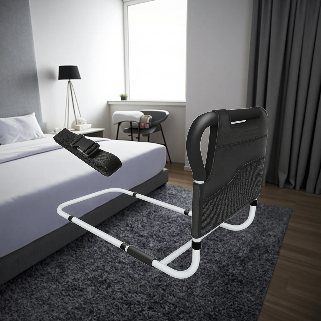 درابزين بجانب السرير لكبار السن، قضبان مساعدة بجانب السرير قابلة للتعديل مع جيوب تخزين #4