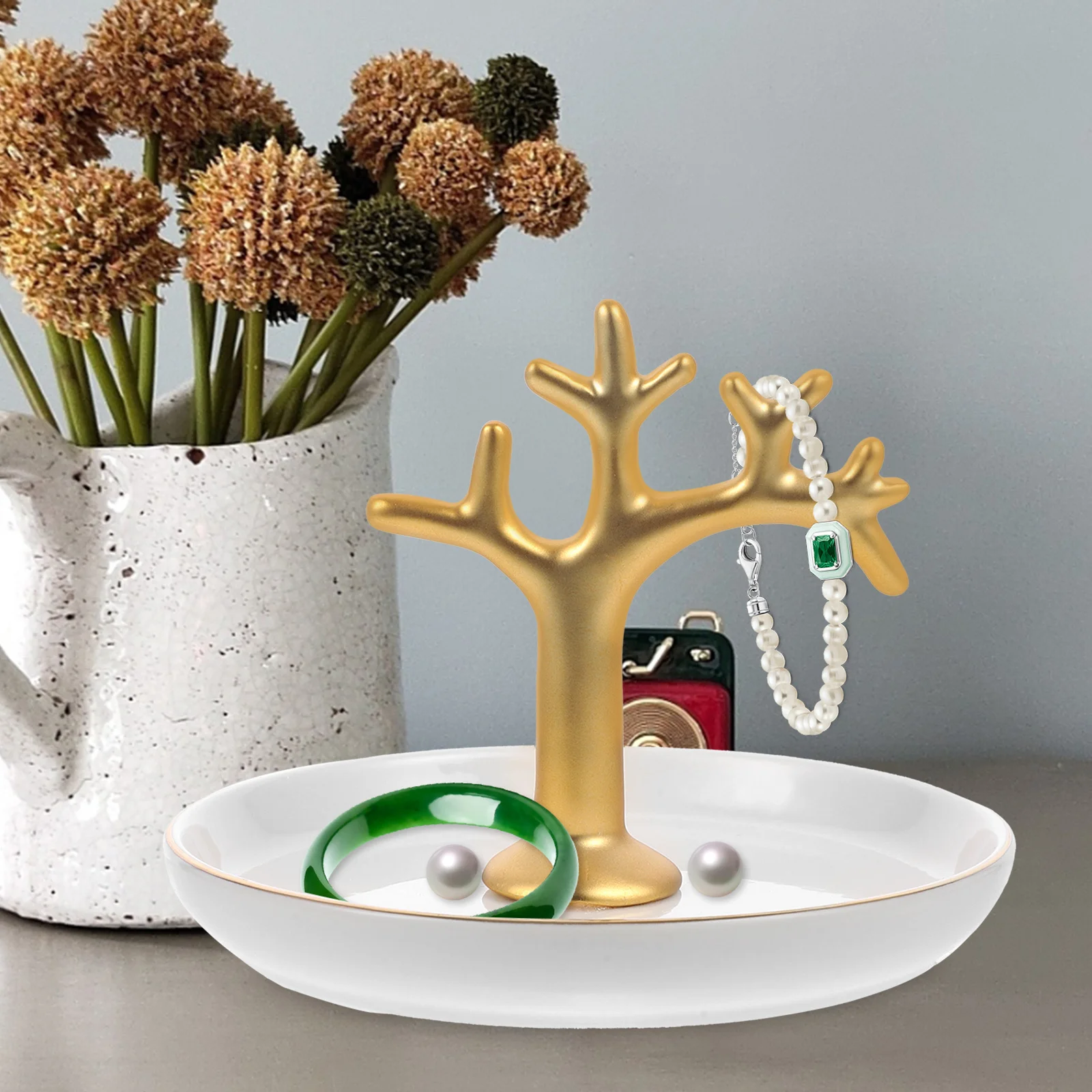 1pc Plated Ceramic Jewelry Plate Jewelry Tray Organizer Bird Branches Shape Ring Plate for Home (White + Golden)