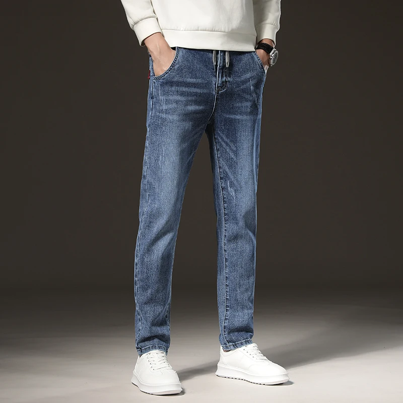 الشتاء الدافئ الجينز الرجال الصوف الضوء الأزرق سليم مستقيم الدينيم السراويل عالية الجودة رشاقته المخملية مرونة الراحة بناطيل كاجوال #5