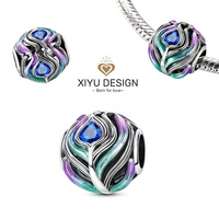 New Lucky Color Gradient Feather Blue Water Drop Zircon Charm Beads Fit DIY S925 Silver Original Bracelet Women Jewelry Gift