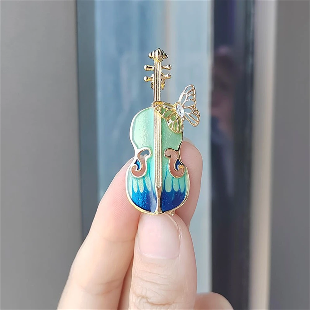 Blue Enamel Violin Brooch For Women Alloy Shiny Rhinestone Weddings Clothing Accessories Banquet Music Pins Jewelry Gifts