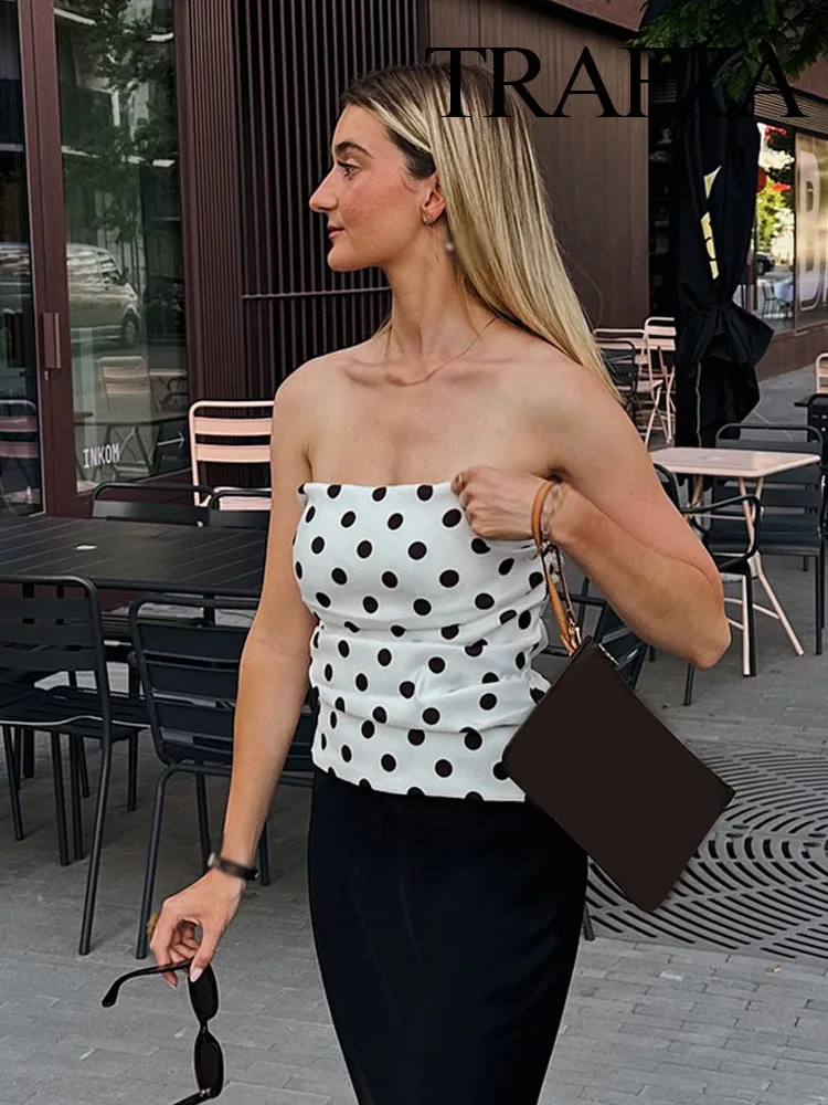 

TRAFZA Women's Summer New Fashion Tops White Polka Dots Strapless Sleeveless Backless Zipper Female Sexy Slim Short Tops 2025
