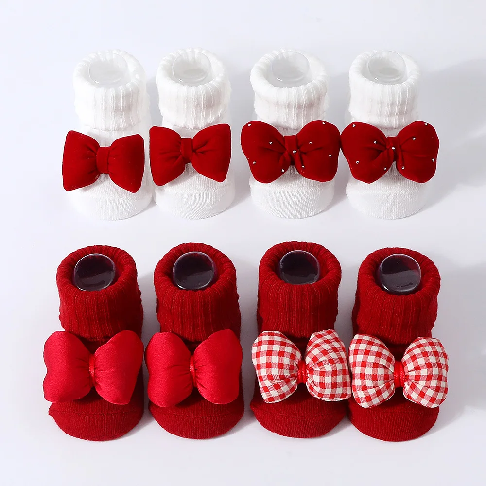 

Cute New Red 3D Bowknot Socks Spring Newborn Baby Soft Prewalker Knitted Sock For Girls Boys Infant Doll Knitting Hairband Socks