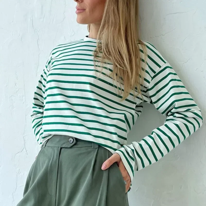 Autumn Cotton Long Sleeved Striped T-shirts Fashion Office-lady Versatile O-neck Soft Top Women's Casual Loose Clothes 29678