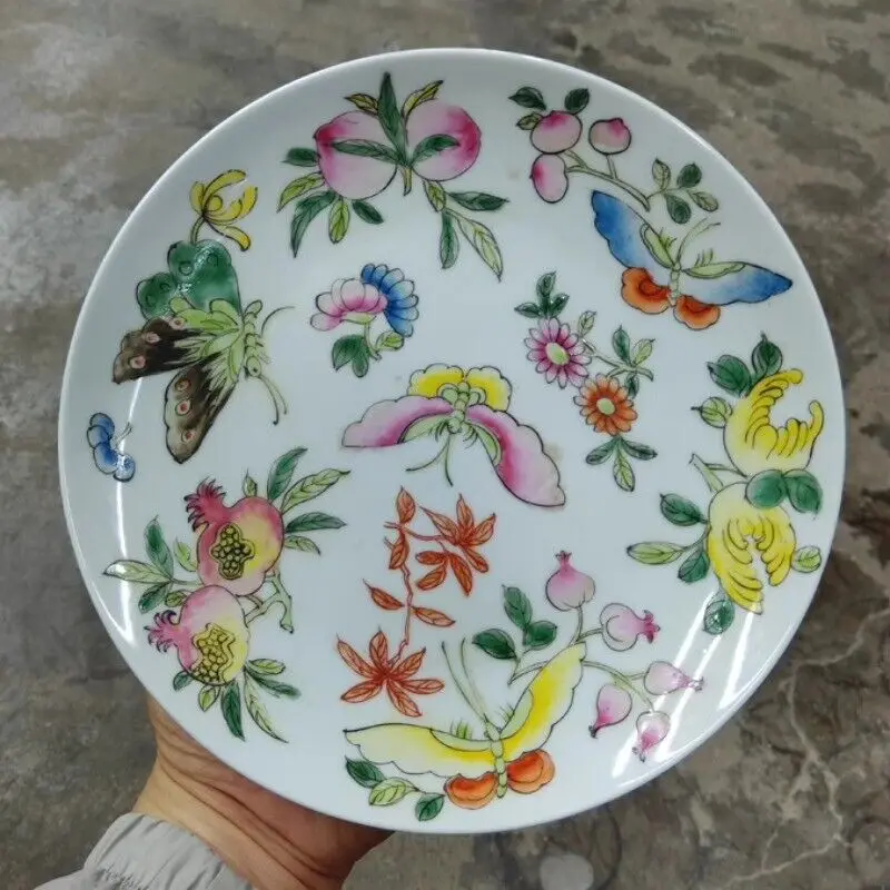 

8" Chinese Qing Famille-rose Porcelain Animal Butterfly Longevity Peach Plate