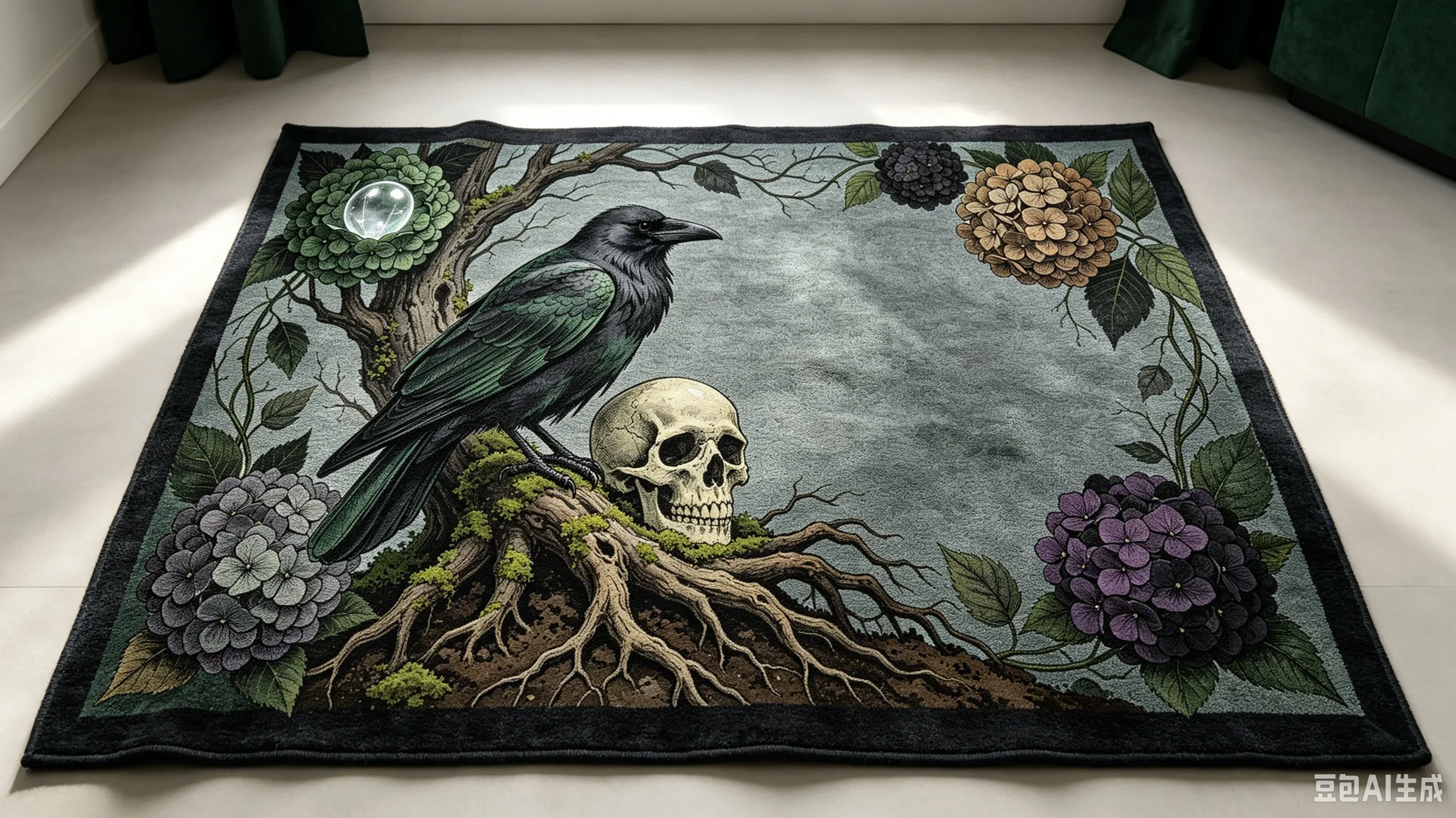 Gothic Raven Skull & Hydrangea Print Area Rug Dark Vintage Halloween Floor Mat, Non-Slip Decorative Carpet Soft Cozy Nap Blanket