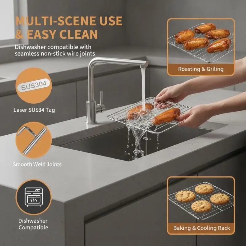 Square Cooking Rack 304 Stainless Steel Thicken Air Fryer Rack With Foot Grid Grill Home Kitchen Oven Steamer Cooker