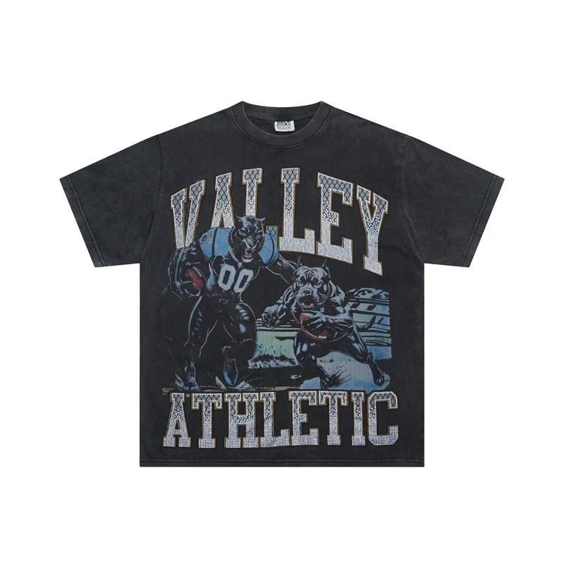 Hot Drill Letter VALLEY Short Sleeves Fun Animal Rugby Print Pure Cotton Black Washed Vale Men's Oversized T Shirt