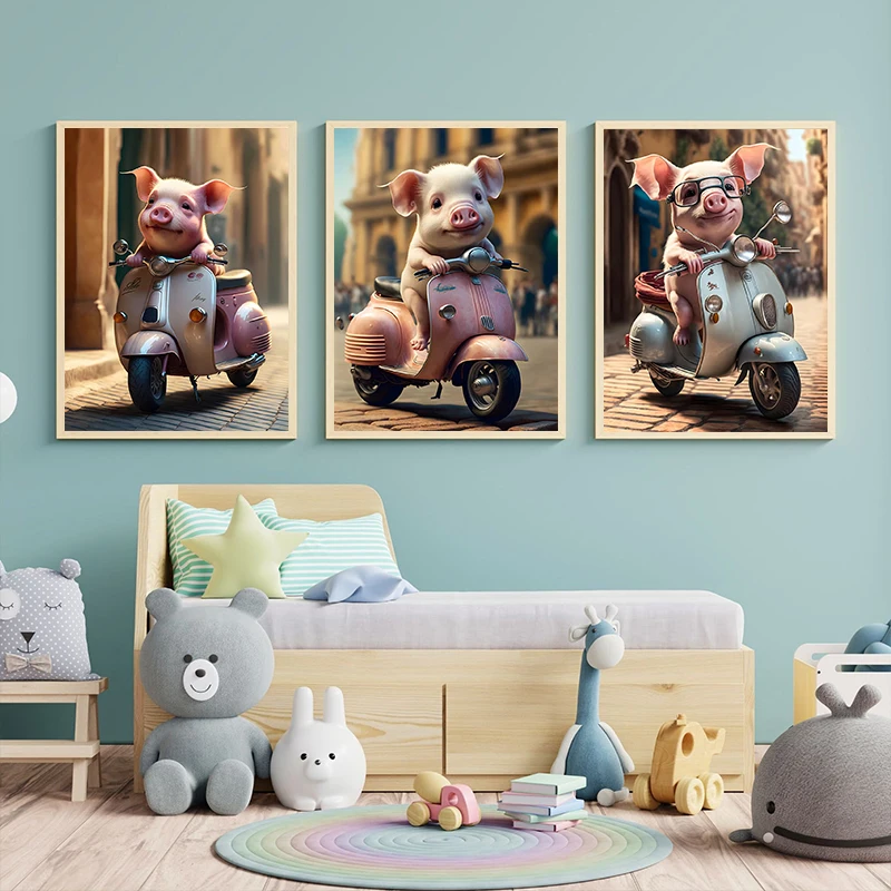 Cute Funny Animals Riding Motorcycle Poster Piglet Animal Lovers Prints Scooter Canvas Painting Wall Art Picture Home Room Decor
