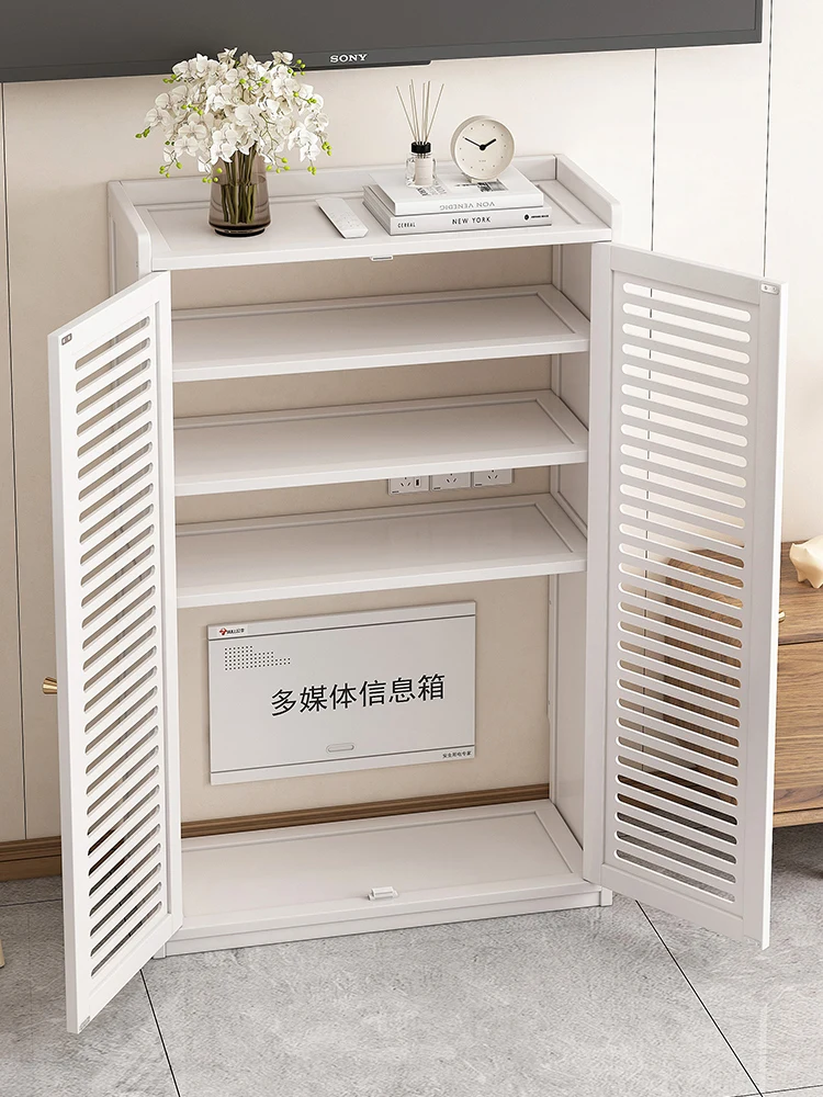 ‌No-Drill WiFi Organizer Cabinet Wall-Mounted Router Shelf with Cable Holes & Sleek Cover for Dustproof Modem Set-top Box