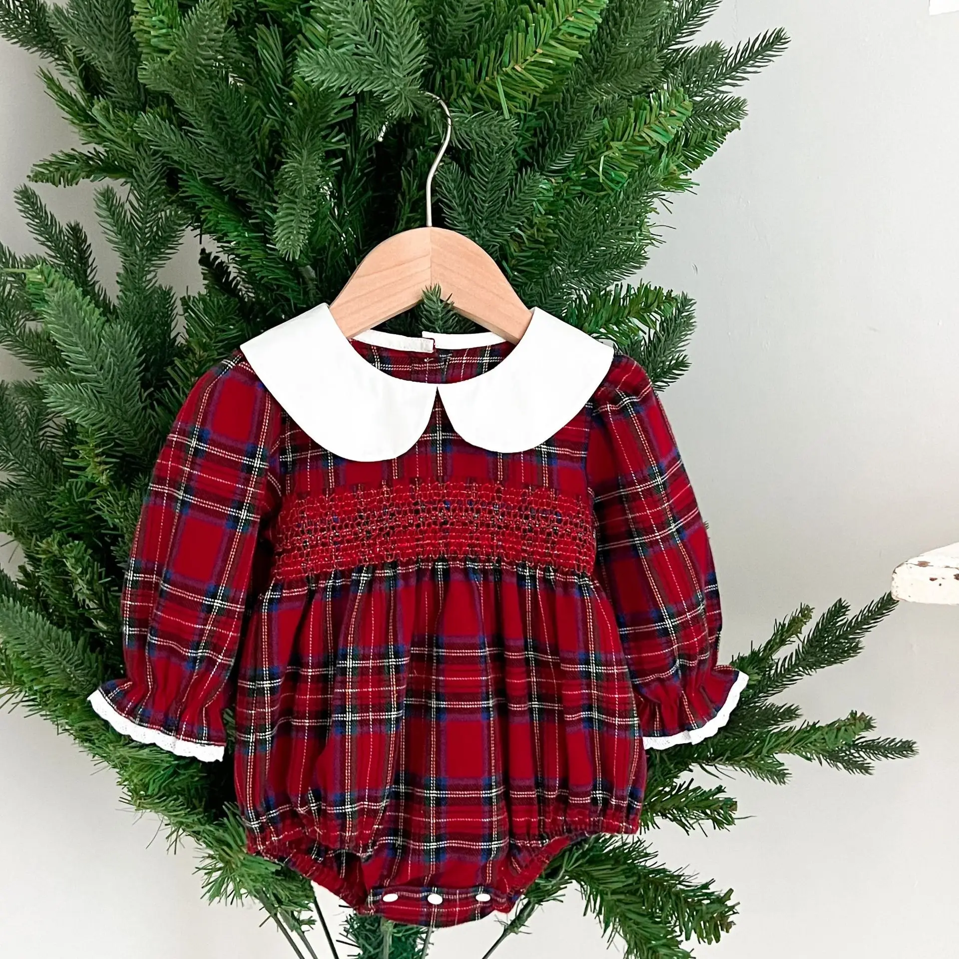 Neue Weihnachten Kleinkind Baby Mädchen Strampler Lange Ärmel Grid Strampler Herbst Neugeborenen 0-24M Spleißen Infant Baby mädchen Rot Overall – Detail 1