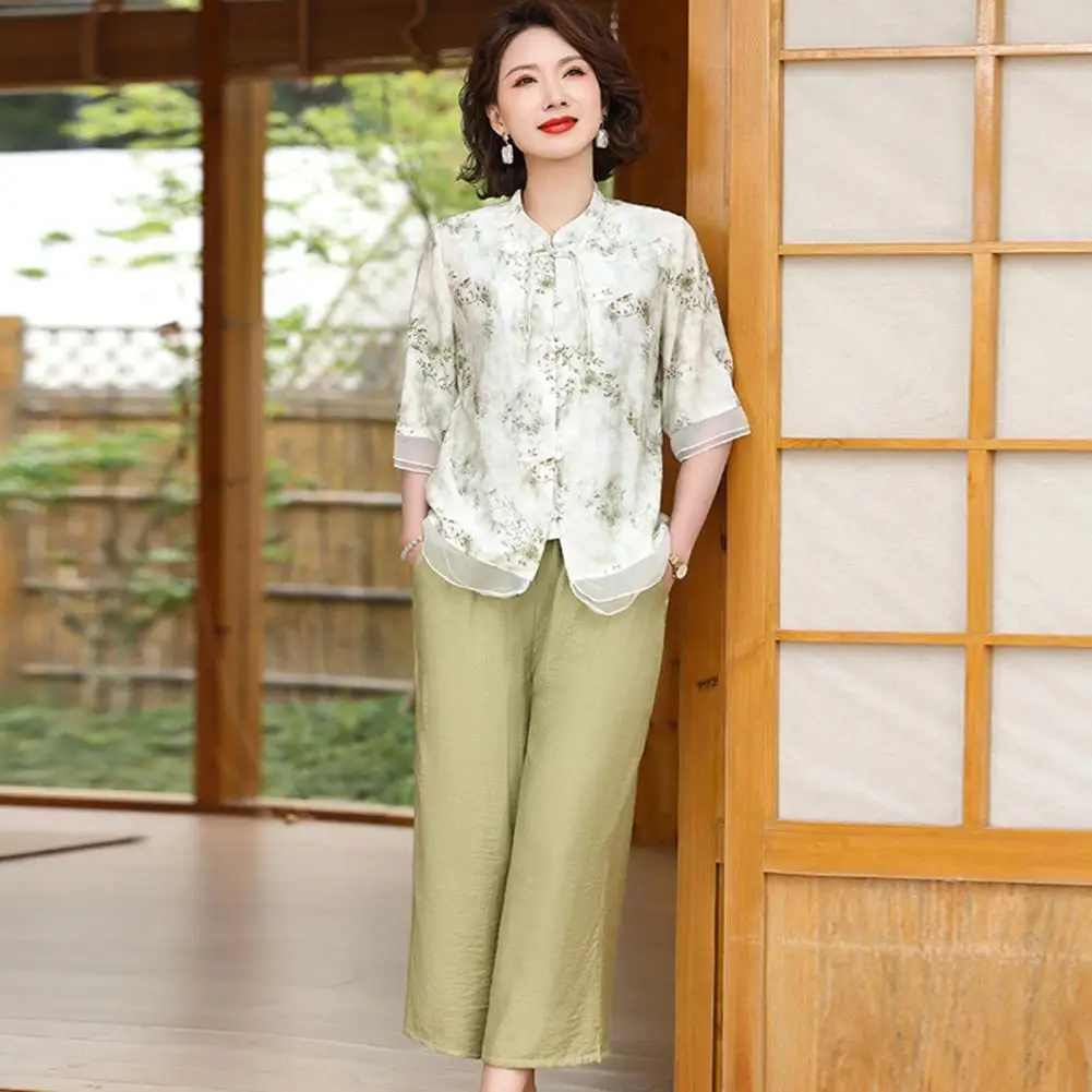 

Tulle Shirt Set Floral Print Chinese Style Women's Suit Plus Size Stand Collar Patchwork Mesh Top Wide Leg Trousers Set Retro