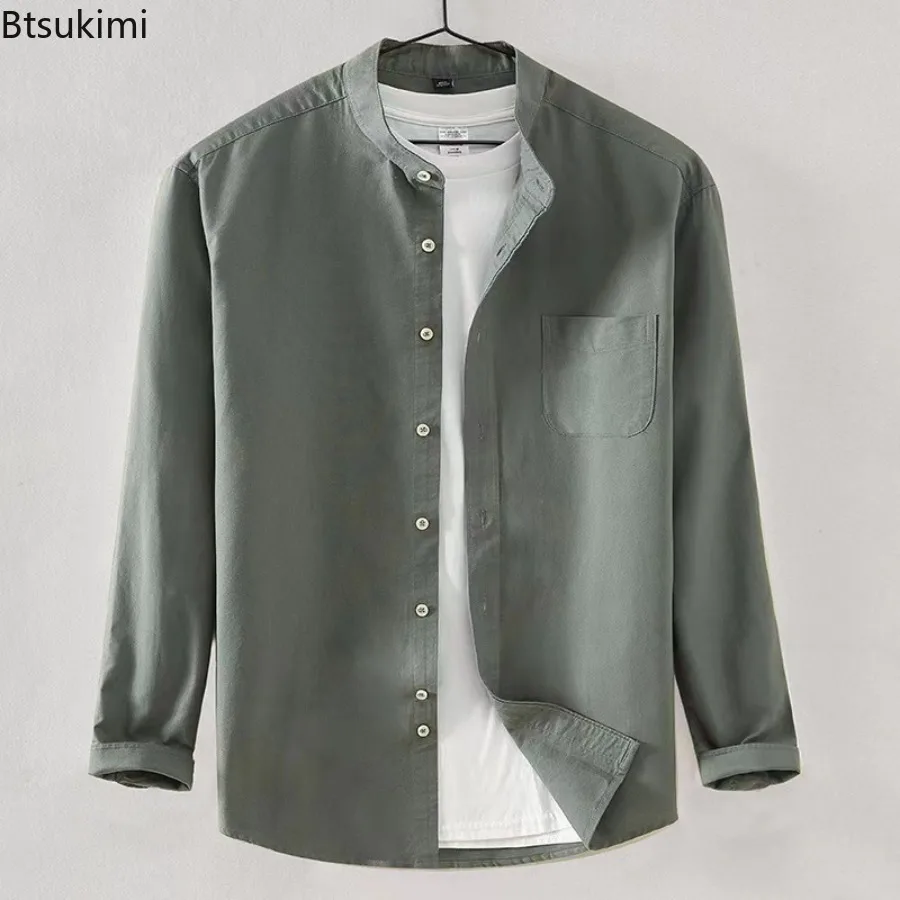 2025 جديد 100% القطن أكسفورد نسج القمصان للرجال النمط الصيني الوقوف طوق كم طويل قميص معاطف تنفس الرجال البلوزات غير رسمية #5