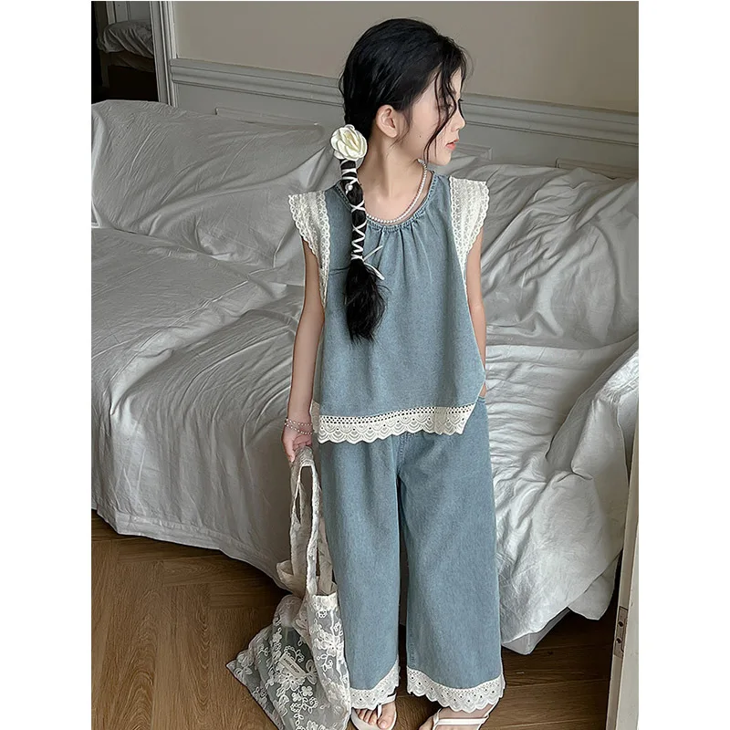 

Baby Girl Clothes Suit Children Summer Explosive Korean Wear Suit Lace Patchwork Sleeveless Top Wide-leg Jeans Two-piece Set