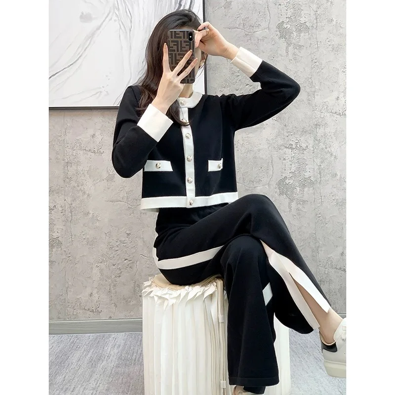 New Autumn Winter Knitted Pant Sets Women Contrast Color Long Sleeve Cardigan Sweater + Wide Leg Pants Two Piece Set Tracksuit